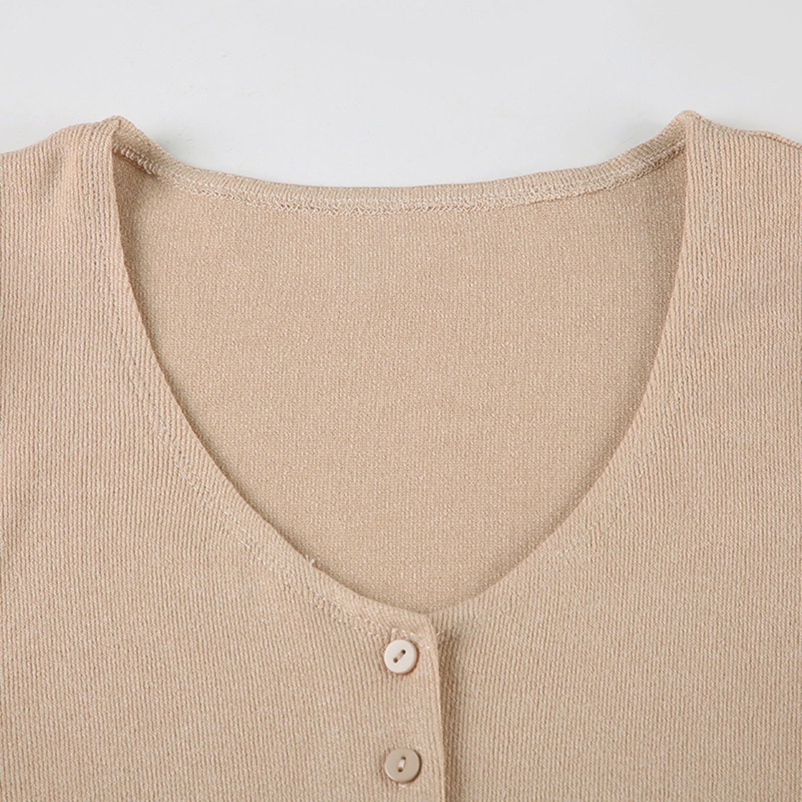 thumbnail image 5 of Vestido de manga corta con cuello en V y botones, de punto elástico y color liso - Punto elástico, falda femenina, elegancia del cuello en V, 5 of 8